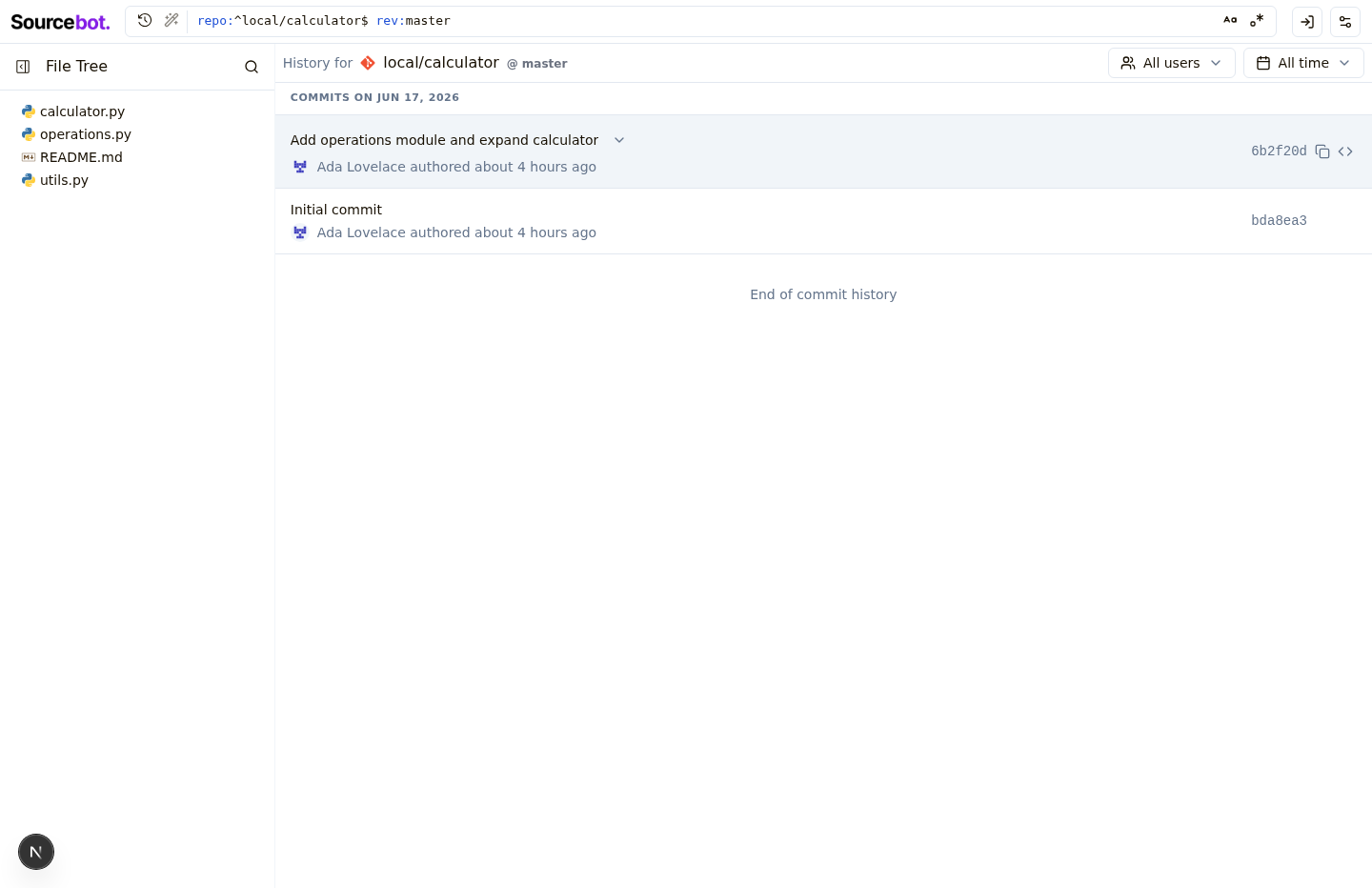 Commit history list with clickable rows