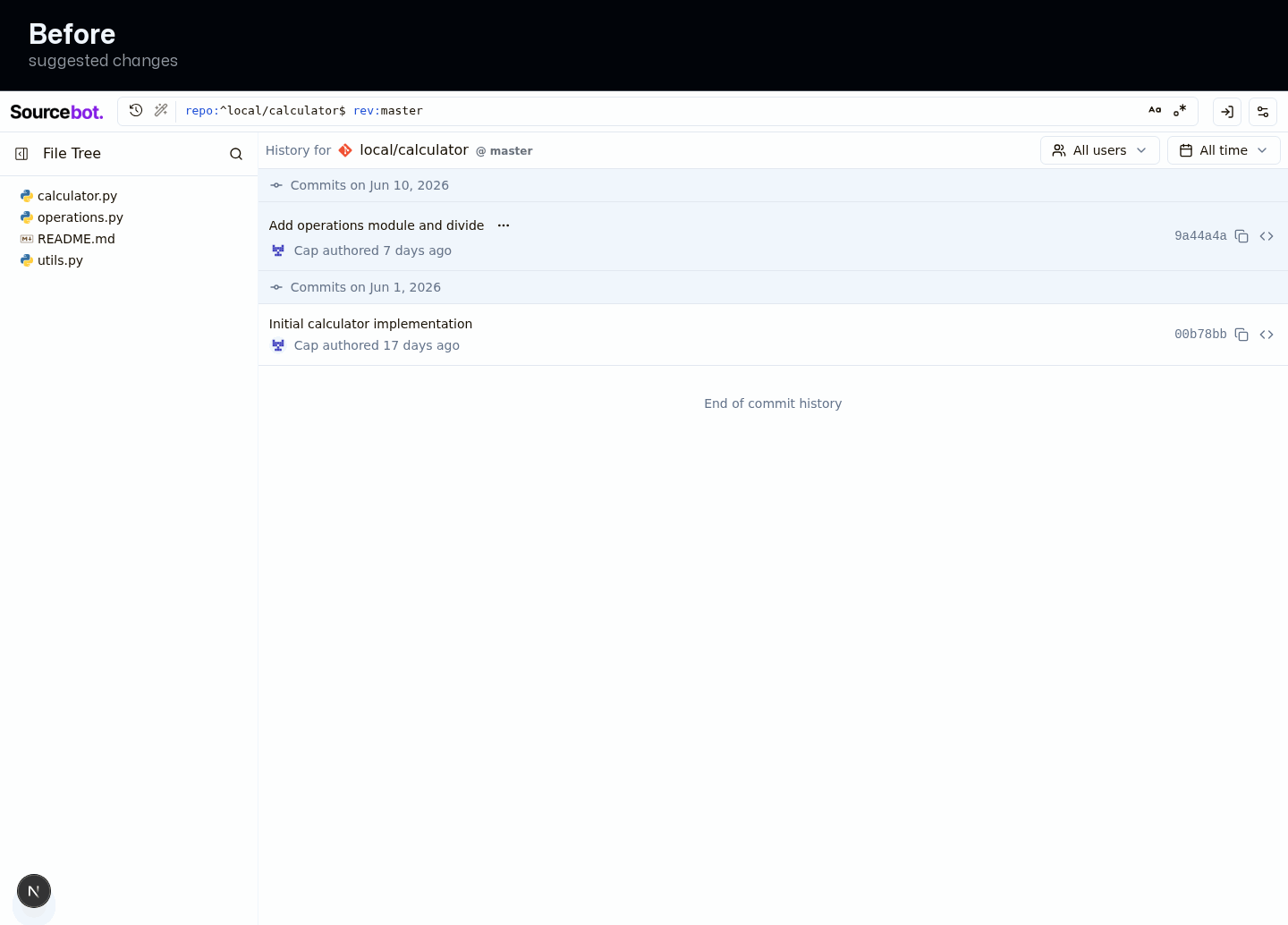 Commit history: quiet date labels and a distinct hover so rows feel clickable