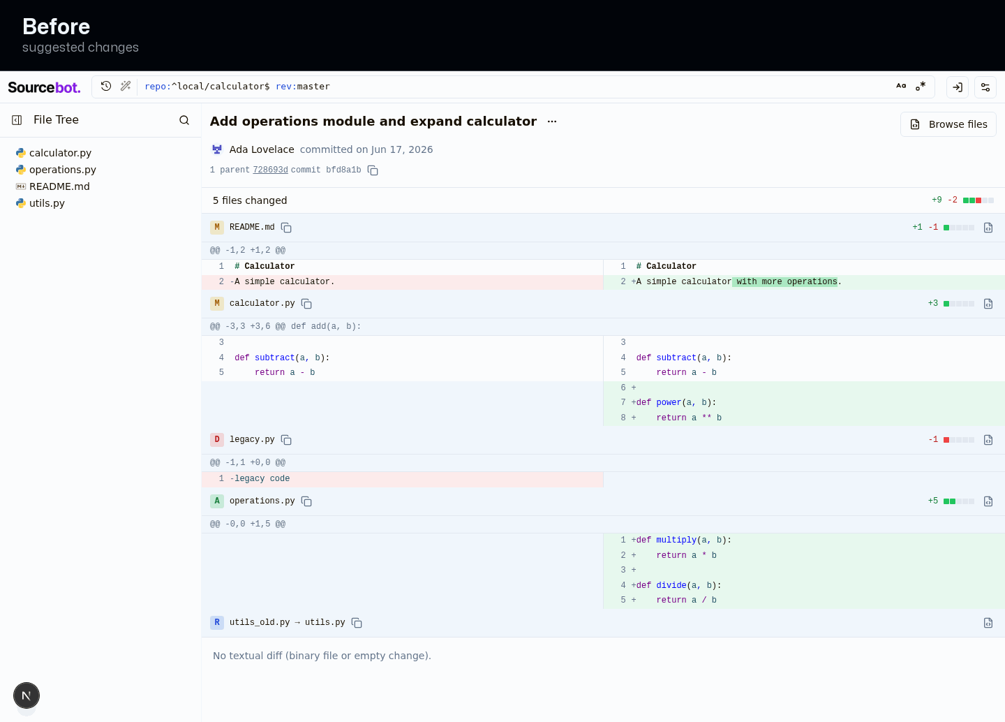 Full commit page: roomier header and calmer rows put the changes first