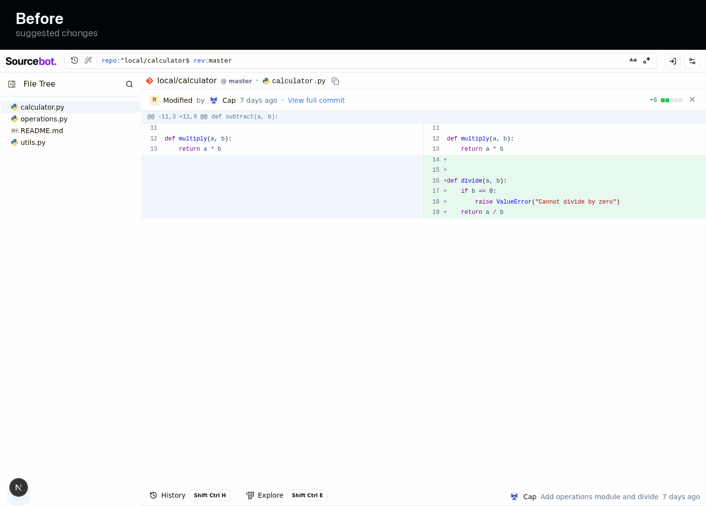 Focused diff: a clear left/right split between context and actions