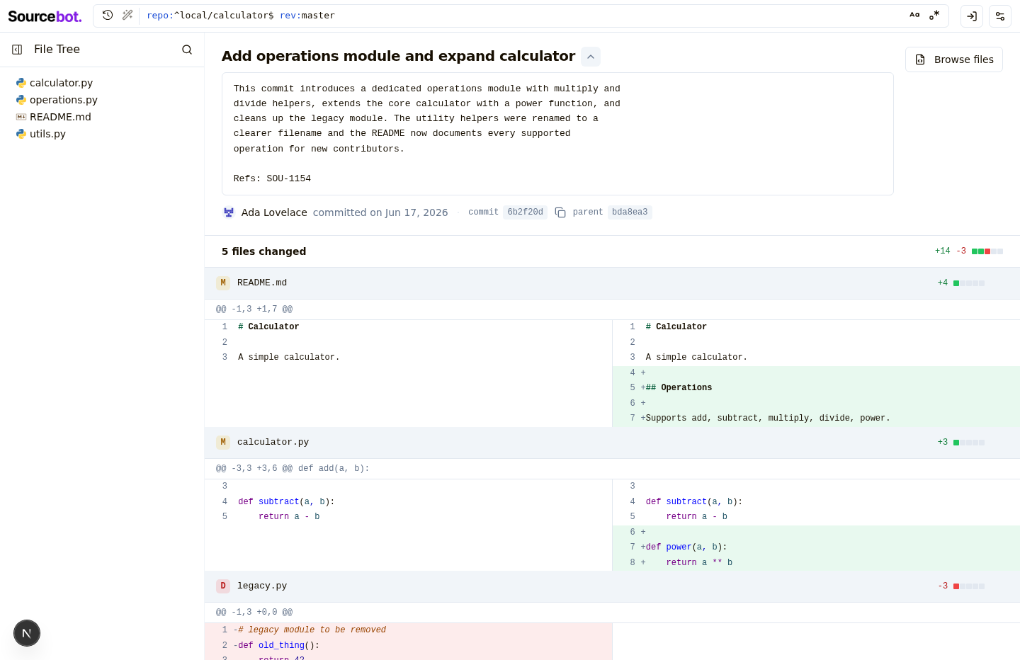 Full commit diff page with commit body expanded